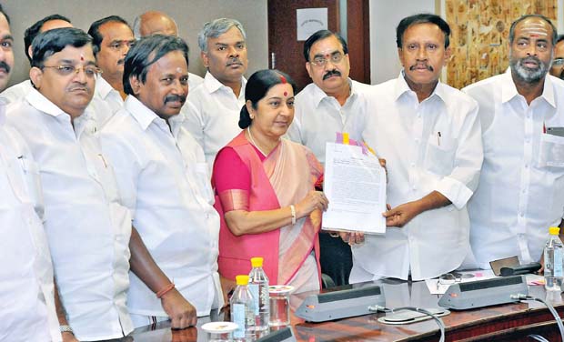 AIADMK MPs led by deputy speaker M. Thambidurai on Monday call on Union external affairs minister Sushma Swaraj to solve fishermen issue. (Photo: DC) AIADMK MPs led by deputy speaker M. Thambidurai on Monday call on Union external affairs minister Sushma Swaraj to solve fishermen issue. (Photo: DC)